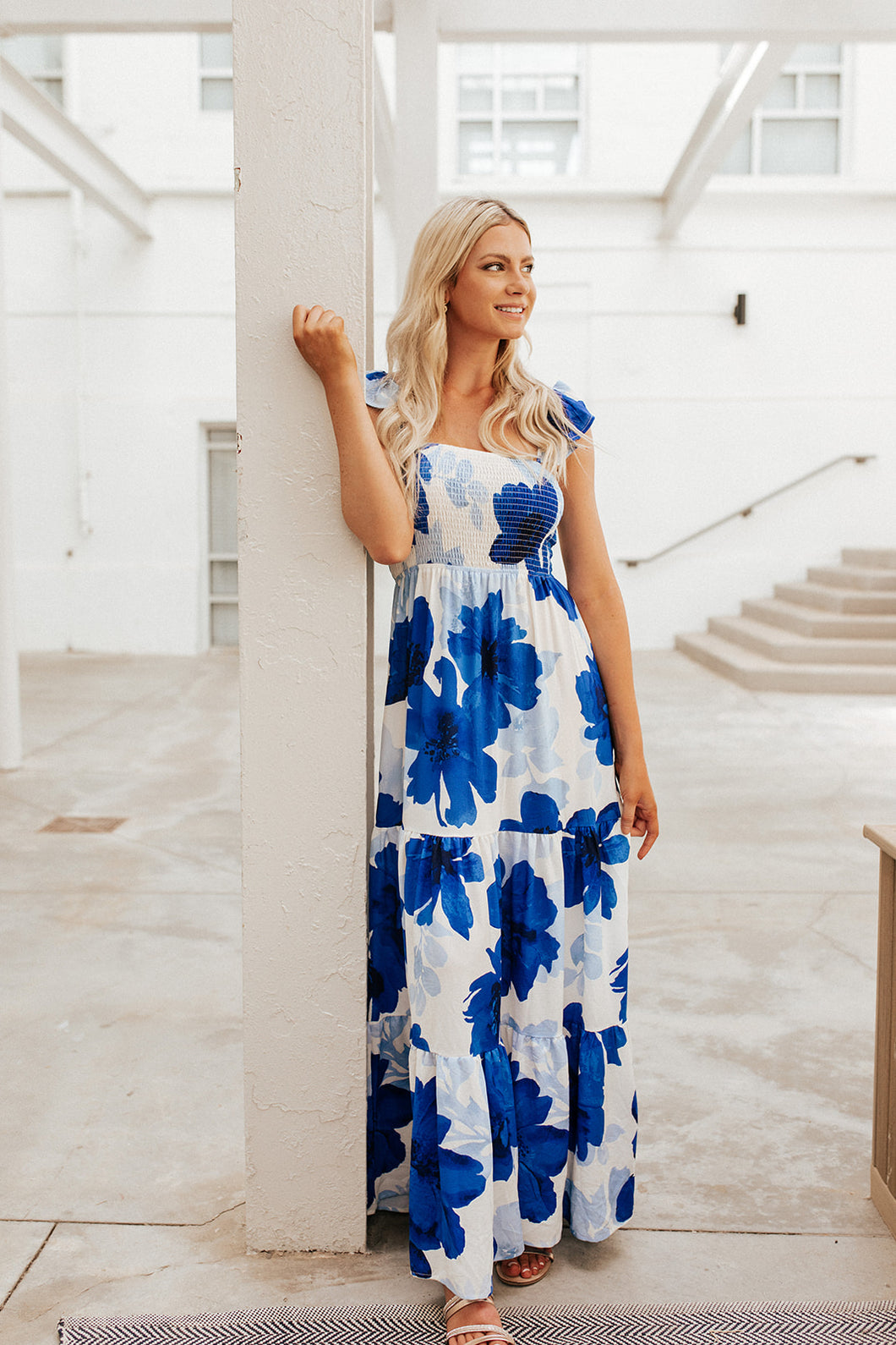 Grecian Blue White Maxi Dress