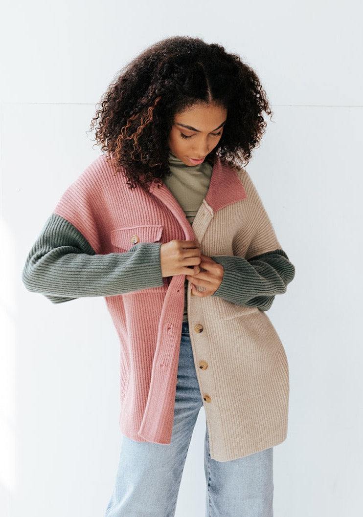 Button Color Block Sweater Shacket