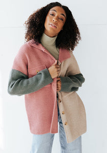 Button Color Block Sweater Shacket