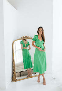 Emerald Lace Back Satin Dress
