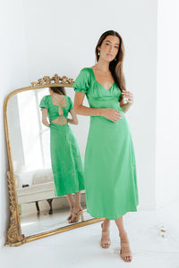 Emerald Lace Back Satin Dress