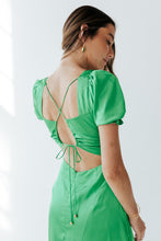 Load image into Gallery viewer, Emerald Lace Back Satin Dress